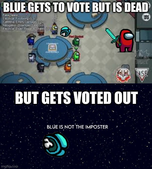 how | BLUE GETS TO VOTE BUT IS DEAD; BUT GETS VOTED OUT | image tagged in emergency meeting among us | made w/ Imgflip meme maker
