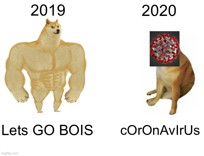 Buff Doge vs. Cheems | 2019; 2020; Lets GO BOIS; cOrOnAvIrUs | image tagged in memes,buff doge vs cheems,coronavirus,corona virus,corona | made w/ Imgflip meme maker