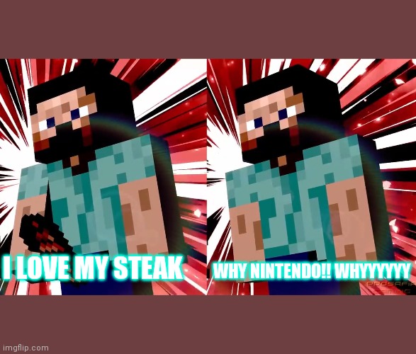 Goodbye Steak | WHY NINTENDO!! WHYYYYYY; I LOVE MY STEAK | image tagged in update steve,super smash bros | made w/ Imgflip meme maker
