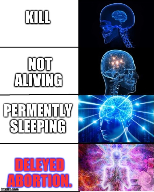 GALAXY BRAIN | KILL; NOT ALIVING; PERMENTLY SLEEPING; DELEYED ABORTION. | image tagged in galaxy brain | made w/ Imgflip meme maker