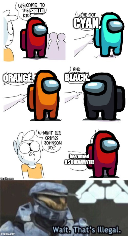 this took forever | SKELD; CYAN, BLACK. ORANGE, he vented AS CREWMATE! | image tagged in crimes johnson,wait that s illegal,why are you like this,why are you reading these tags | made w/ Imgflip meme maker