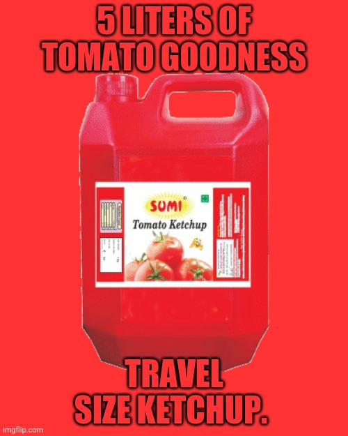 5 LITERS OF TOMATO GOODNESS TRAVEL SIZE KETCHUP. | made w/ Imgflip meme maker