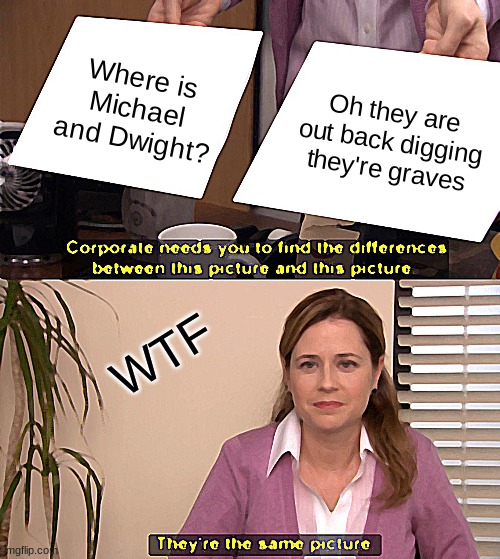 Oh hey Pam can take a look at this? ** Sorry if doesn't make any sense** | Where is Michael and Dwight? Oh they are out back digging they're graves; WTF | image tagged in memes,they're the same picture | made w/ Imgflip meme maker
