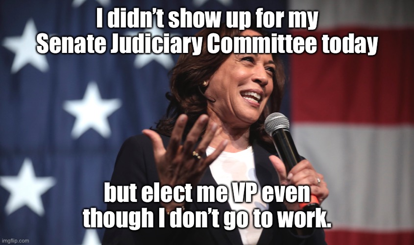 Why elect people who won’t work? | I didn’t show up for my Senate Judiciary Committee today; but elect me VP even though I don’t go to work. | image tagged in kamala harris,senate judiciary committee,no vote,supreme court appointment,bum | made w/ Imgflip meme maker