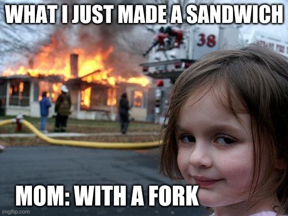 Disaster Girl Meme | WHAT I JUST MADE A SANDWICH; MOM: WITH A FORK | image tagged in memes,disaster girl | made w/ Imgflip meme maker