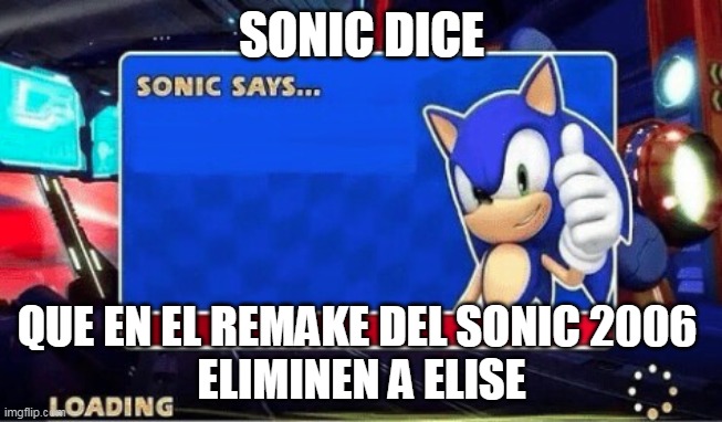 sonic dice | SONIC DICE; QUE EN EL REMAKE DEL SONIC 2006 
ELIMINEN A ELISE | image tagged in sonic says | made w/ Imgflip meme maker