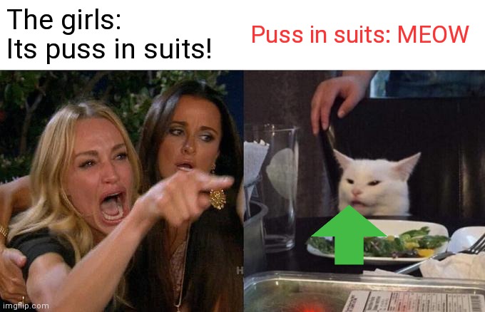 Woman Yelling At Cat Meme | The girls: Its puss in suits! Puss in suits: MEOW | image tagged in memes,woman yelling at cat | made w/ Imgflip meme maker