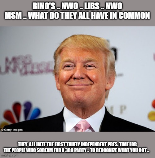 Independent TRUMP | RINO'S .. NWO .. LIBS .. NWO MSM .. WHAT DO THEY ALL HAVE IN COMMON; THEY  ALL HATE THE FIRST TRUELY INDEPENDENT PRES. TIME FOR THE PEOPLE WHO SCREAM FOR A 3RD PARTY .. TO RECOGNIZE WHAT YOU GOT .. | image tagged in donald trump approves | made w/ Imgflip meme maker