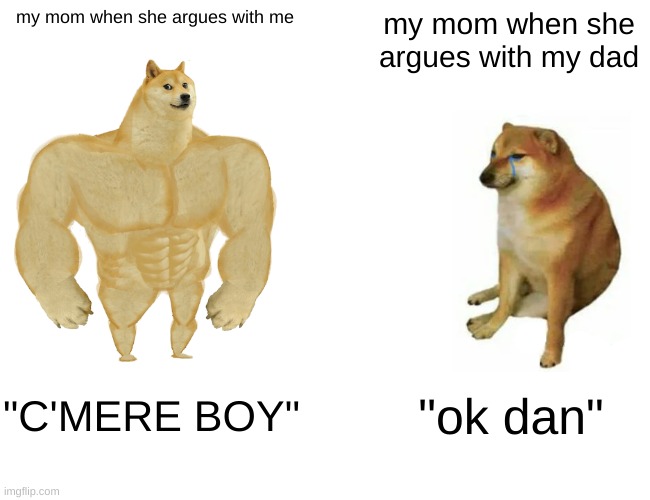 Buff Doge vs. Cheems Meme | my mom when she argues with me; my mom when she argues with my dad; "C'MERE BOY"; "ok dan" | image tagged in memes,buff doge vs cheems | made w/ Imgflip meme maker