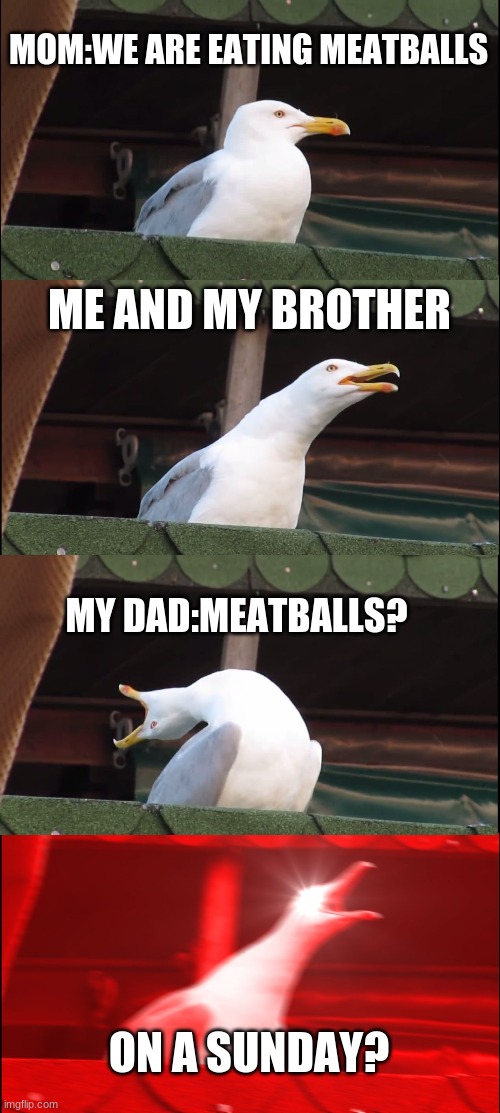 Inhaling Seagull Meme | MOM:WE ARE EATING MEATBALLS; ME AND MY BROTHER; MY DAD:MEATBALLS? ON A SUNDAY? | image tagged in memes,inhaling seagull | made w/ Imgflip meme maker