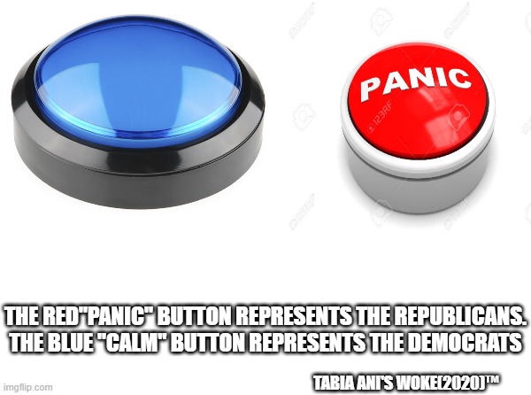 Buttons | THE RED"PANIC" BUTTON REPRESENTS THE REPUBLICANS.
THE BLUE "CALM" BUTTON REPRESENTS THE DEMOCRATS; TABIA ANI'S WOKE(2020)™ | image tagged in keep calm | made w/ Imgflip meme maker