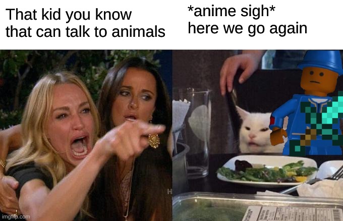 That kid who can talk to animals | That kid you know that can talk to animals; *anime sigh* here we go again | image tagged in memes,woman yelling at cat | made w/ Imgflip meme maker