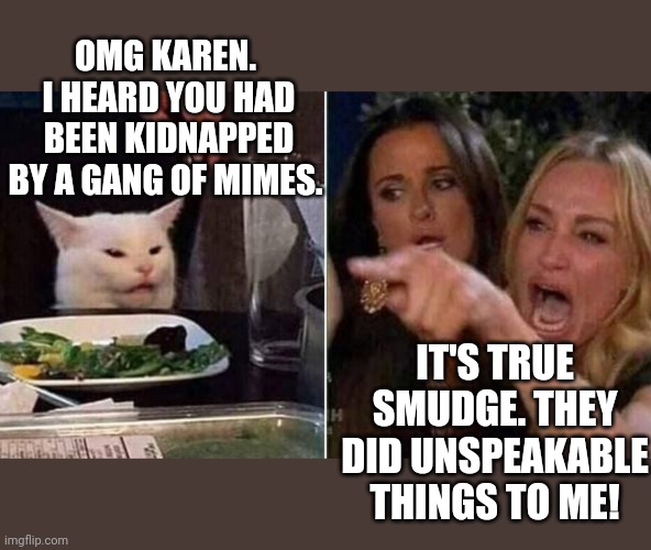 Reverse Smudge and Karen | OMG KAREN.  I HEARD YOU HAD BEEN KIDNAPPED BY A GANG OF MIMES. IT'S TRUE SMUDGE. THEY DID UNSPEAKABLE THINGS TO ME! | image tagged in reverse smudge and karen | made w/ Imgflip meme maker