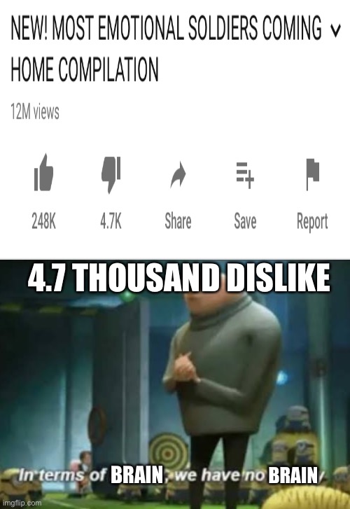 4.7 THOUSAND DISLIKE; BRAIN; BRAIN | image tagged in in terms of money | made w/ Imgflip meme maker