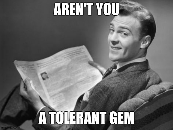 50's newspaper | AREN'T YOU A TOLERANT GEM | image tagged in 50's newspaper | made w/ Imgflip meme maker