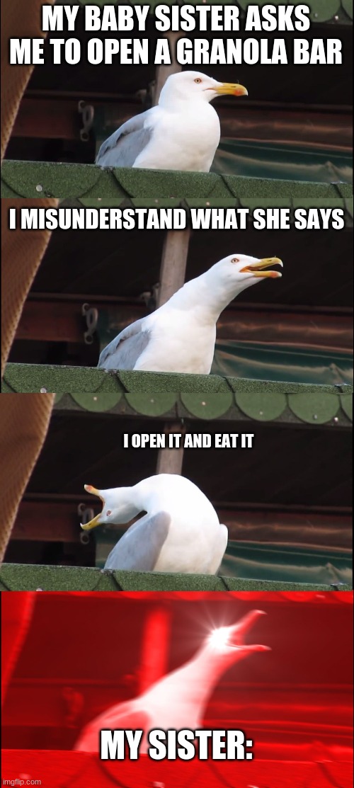 Inhaling Seagull | MY BABY SISTER ASKS ME TO OPEN A GRANOLA BAR; I MISUNDERSTAND WHAT SHE SAYS; I OPEN IT AND EAT IT; MY SISTER: | image tagged in memes,inhaling seagull | made w/ Imgflip meme maker