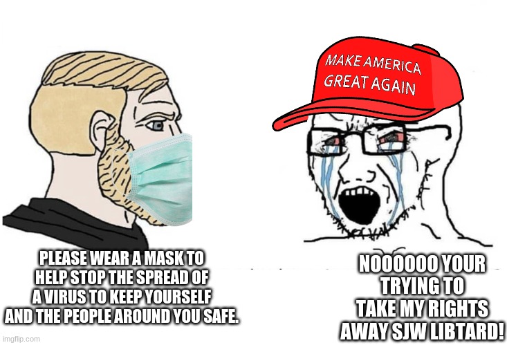 PLEASE WEAR A MASK TO HELP STOP THE SPREAD OF A VIRUS TO KEEP YOURSELF AND THE PEOPLE AROUND YOU SAFE. NOOOOOO YOUR TRYING TO TAKE MY RIGHTS | made w/ Imgflip meme maker