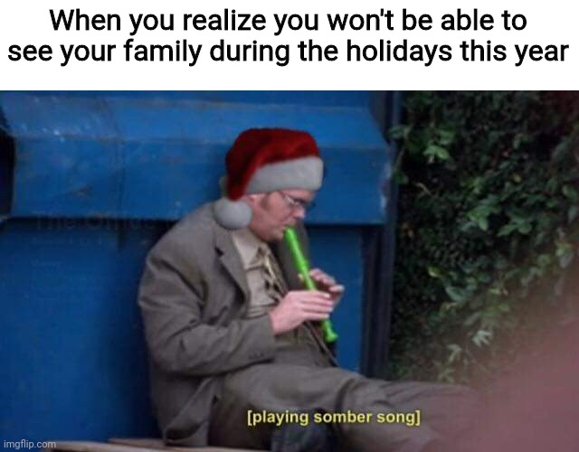 It's gonna be a rough holiday season, I tell ya what | When you realize you won't be able to see your family during the holidays this year | image tagged in dwight playing somber song santa hat,christmas,covid-19,christmas 2020,holidays 2020,feliz navidad | made w/ Imgflip meme maker