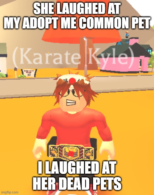 i made a new meme template here it is | SHE LAUGHED AT MY ADOPT ME COMMON PET; I LAUGHED AT HER DEAD PETS | image tagged in roblox karate kyle,karate kyle,roblox | made w/ Imgflip meme maker