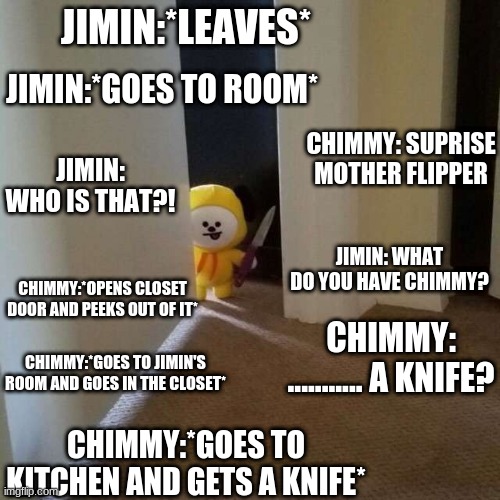 Chimmy Scares Jimin Half to death | JIMIN:*LEAVES*; JIMIN:*GOES TO ROOM*; CHIMMY: SUPRISE MOTHER FLIPPER; JIMIN: WHO IS THAT?! JIMIN: WHAT DO YOU HAVE CHIMMY? CHIMMY:*OPENS CLOSET DOOR AND PEEKS OUT OF IT*; CHIMMY: ........... A KNIFE? CHIMMY:*GOES TO JIMIN'S ROOM AND GOES IN THE CLOSET*; CHIMMY:*GOES TO KITCHEN AND GETS A KNIFE* | image tagged in chimmy has a knife | made w/ Imgflip meme maker