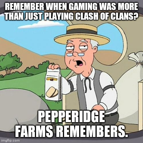 Meme | REMEMBER WHEN GAMING WAS MORE THAN JUST PLAYING CLASH OF CLANS? PEPPERIDGE FARMS REMEMBERS. | image tagged in memes,pepperidge farm remembers | made w/ Imgflip meme maker