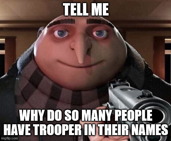i want to know | TELL ME; WHY DO SO MANY PEOPLE HAVE TROOPER IN THEIR NAMES | image tagged in gru gun | made w/ Imgflip meme maker