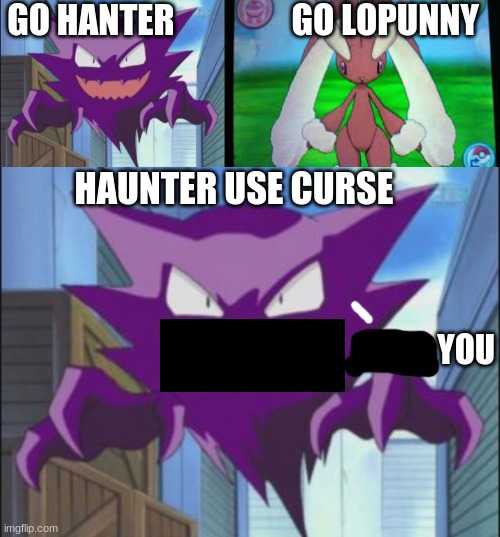 cursing hanter | GO HANTER                 GO LOPUNNY; HAUNTER USE CURSE; ____ YOU | image tagged in cursed | made w/ Imgflip meme maker
