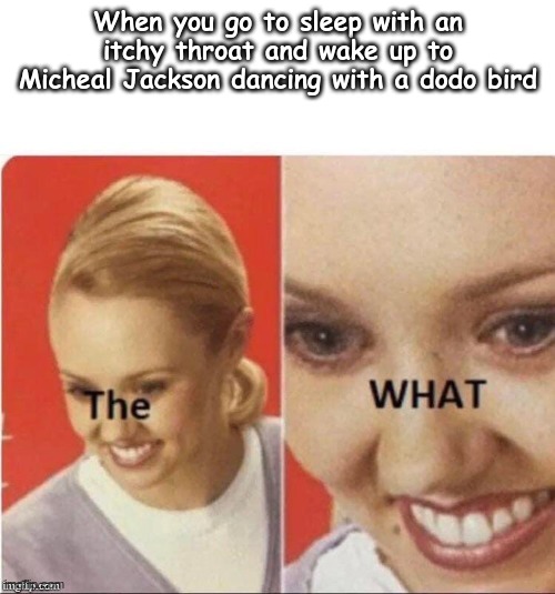 Dark Humor my boys, dark humor. | When you go to sleep with an itchy throat and wake up to Micheal Jackson dancing with a dodo bird | image tagged in the what lady | made w/ Imgflip meme maker