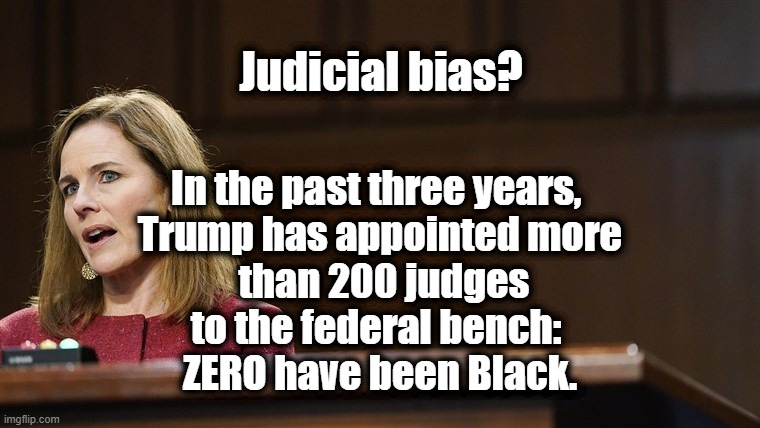 Judicial Bias? | Judicial bias? In the past three years, 
Trump has appointed more
  than 200 judges 
to the federal bench: 
ZERO have been Black. | image tagged in scotus,trump,court packing,racism,amy coney barrett | made w/ Imgflip meme maker
