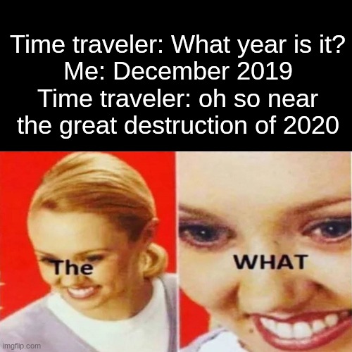 what the what? | Time traveler: What year is it?
Me: December 2019
Time traveler: oh so near the great destruction of 2020 | image tagged in the what,2020,2020 sucks | made w/ Imgflip meme maker