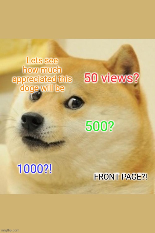 Doge Meme | Lets see how much appreciated this doge will be; 50 views? 500? 1000?! FRONT PAGE?! | image tagged in memes,doge | made w/ Imgflip meme maker