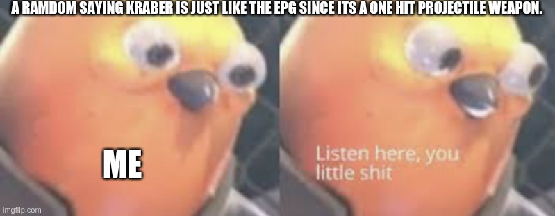 Listen here you little shit bird | A RAMDOM SAYING KRABER IS JUST LIKE THE EPG SINCE ITS A ONE HIT PROJECTILE WEAPON. ME | image tagged in listen here you little shit bird | made w/ Imgflip meme maker