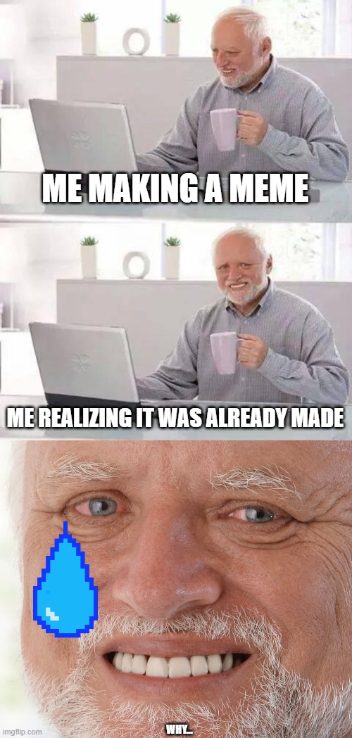 Behind every meme, there's someone who sits down for hours, trying to make you laugh | ME MAKING A MEME; ME REALIZING IT WAS ALREADY MADE; WHY... | image tagged in memes,hide the pain harold | made w/ Imgflip meme maker