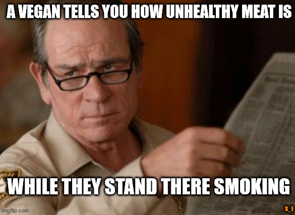 Tommy Lee Jones |  A VEGAN TELLS YOU HOW UNHEALTHY MEAT IS; WHILE THEY STAND THERE SMOKING; S_E | image tagged in tommy lee jones | made w/ Imgflip meme maker