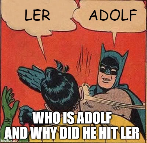 adolf hit ler | LER; ADOLF; WHO IS ADOLF AND WHY DID HE HIT LER | image tagged in memes,batman slapping robin | made w/ Imgflip meme maker