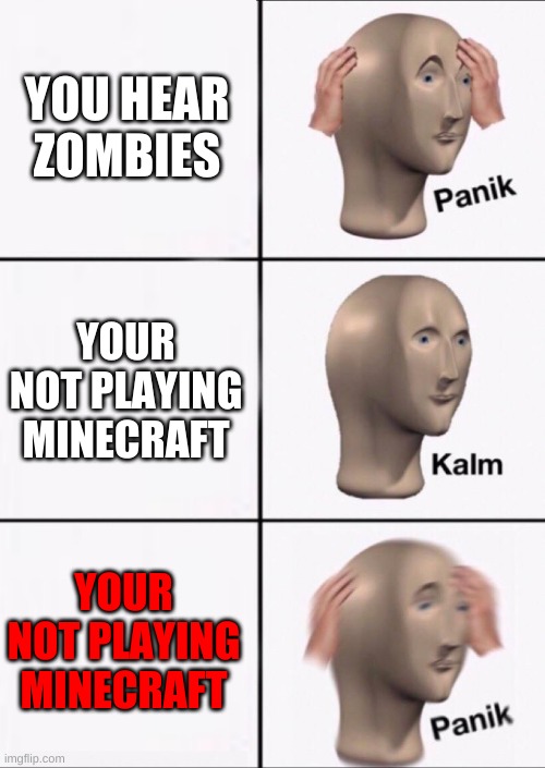 Another Meme Man Meme | YOU HEAR ZOMBIES; YOUR NOT PLAYING MINECRAFT; YOUR NOT PLAYING MINECRAFT | image tagged in stonks panic calm panic | made w/ Imgflip meme maker