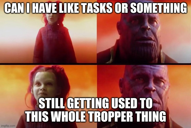 anything?? | CAN I HAVE LIKE TASKS OR SOMETHING; STILL GETTING USED TO THIS WHOLE TROPPER THING | image tagged in what did it cost | made w/ Imgflip meme maker