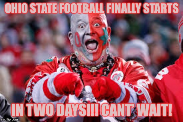 YAYAY!!! So pumped up lol | OHIO STATE FOOTBALL FINALLY STARTS; IN TWO DAYS!!! CANT’ WAIT! | image tagged in osu ohio state fan,memes,fun,party,2020 season,sports | made w/ Imgflip meme maker