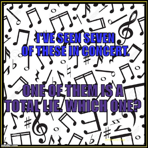 Concert Truth or Lie | I'VE SEEN SEVEN OF THESE IN CONCERT. ONE OF THEM IS A TOTAL LIE. WHICH ONE? | image tagged in music note callage | made w/ Imgflip meme maker