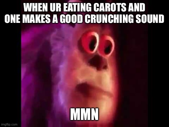 Sully Groan | WHEN UR EATING CAROTS AND ONE MAKES A GOOD CRUNCHING SOUND; MMN | image tagged in sully groan | made w/ Imgflip meme maker