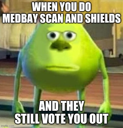 Monsters Inc Face Swap | WHEN YOU DO MEDBAY SCAN AND SHIELDS; AND THEY STILL VOTE YOU OUT | image tagged in monsters inc face swap | made w/ Imgflip meme maker