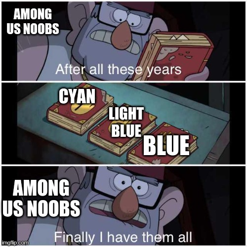 After All These Years |  AMONG US NOOBS; CYAN; LIGHT BLUE; BLUE; AMONG US NOOBS | image tagged in after all these years | made w/ Imgflip meme maker