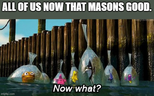 now what? do we change to a different person? | ALL OF US NOW THAT MASONS GOOD. | image tagged in now what | made w/ Imgflip meme maker