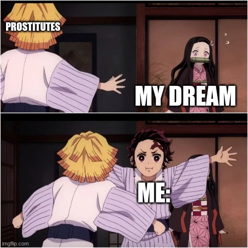 this meme will not make you laugh | PROSTITUTES; MY DREAM; ME: | image tagged in tanjiro blocks nezuko | made w/ Imgflip meme maker