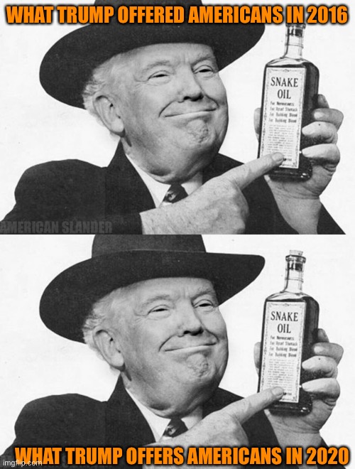 Trump selling that same old snake oil 4 years later | WHAT TRUMP OFFERED AMERICANS IN 2016; WHAT TRUMP OFFERS AMERICANS IN 2020 | image tagged in donald trump,republicans,trump supporters,orange,cult,militia | made w/ Imgflip meme maker