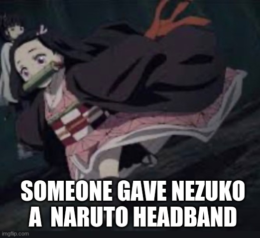 give nezuko narytos headband | SOMEONE GAVE NEZUKO A  NARUTO HEADBAND | image tagged in baby nezuko | made w/ Imgflip meme maker