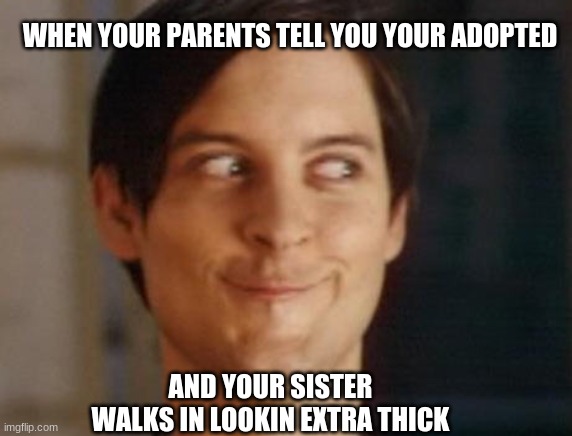 Spiderman Peter Parker Meme | WHEN YOUR PARENTS TELL YOU YOUR ADOPTED; AND YOUR SISTER WALKS IN LOOKIN EXTRA THICK | image tagged in memes,spiderman peter parker | made w/ Imgflip meme maker