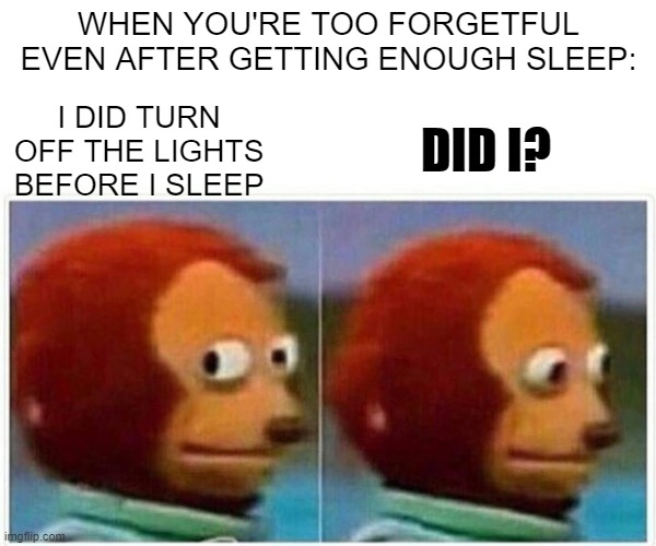 When you're an Asian and saving electricity is a must | WHEN YOU'RE TOO FORGETFUL EVEN AFTER GETTING ENOUGH SLEEP:; I DID TURN OFF THE LIGHTS BEFORE I SLEEP; DID I? | image tagged in memes,monkey puppet | made w/ Imgflip meme maker