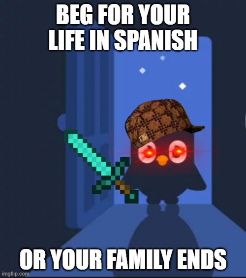 Duolingo bird | BEG FOR YOUR LIFE IN SPANISH; OR YOUR FAMILY ENDS | image tagged in duolingo bird | made w/ Imgflip meme maker