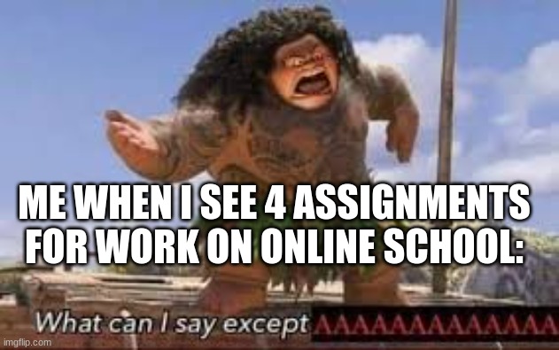 What can i say except aaaaaaaaaaa | ME WHEN I SEE 4 ASSIGNMENTS FOR WORK ON ONLINE SCHOOL: | image tagged in i hate mondays | made w/ Imgflip meme maker